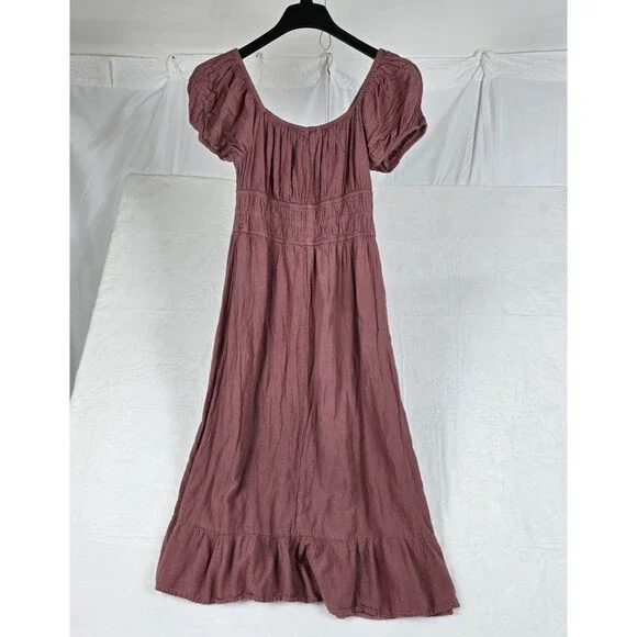 Sim & Sam Milkmaid Gauze Midi Dress Women Large Mauve Clay Smocked Puff Sleeve - Picture 2 of 7